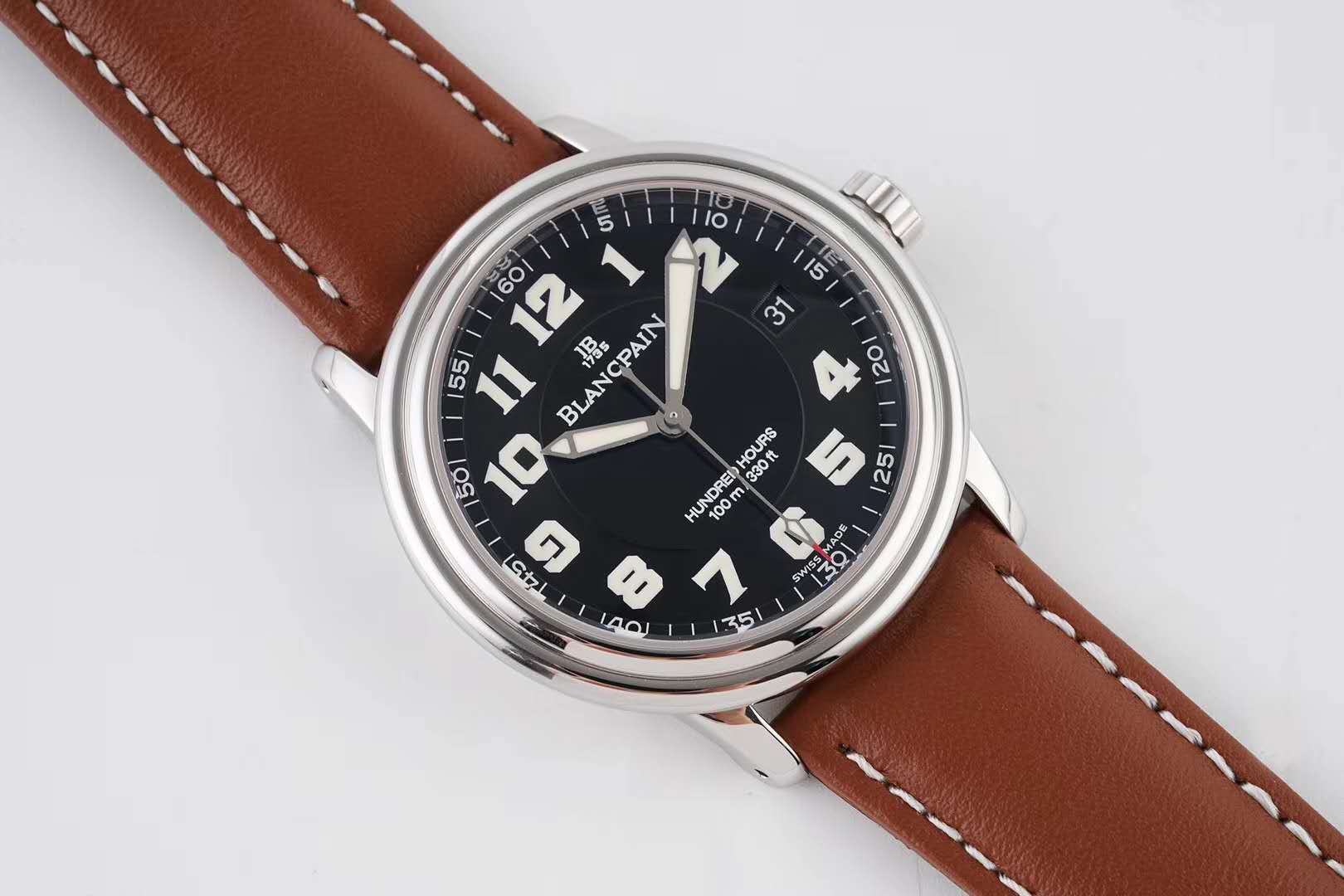 Hundred Hours Black Dial in Steel on Brown Leather Strap