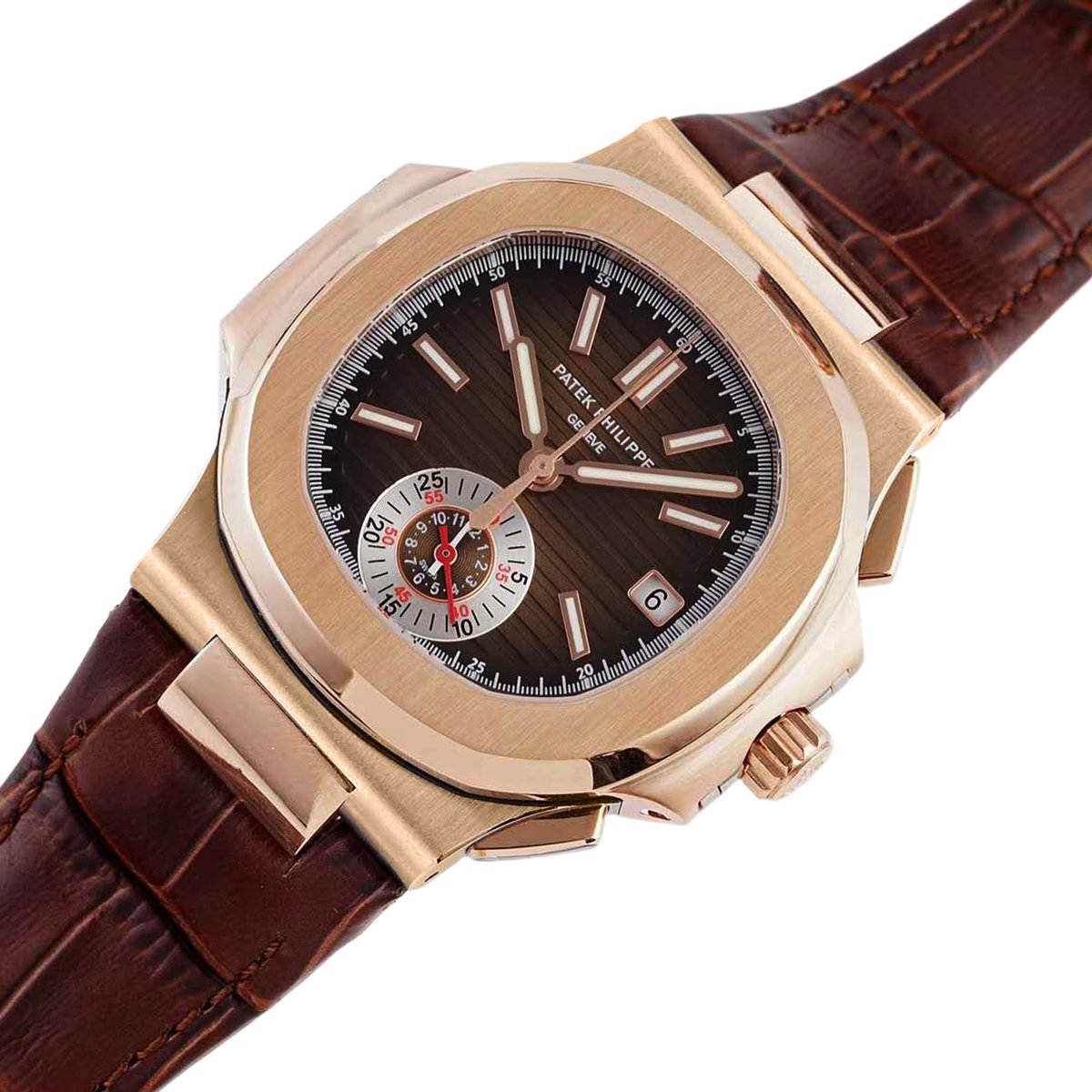 Nautilus Chronograph 5980/R-001 in Rose Gold on Brown Leather Strap