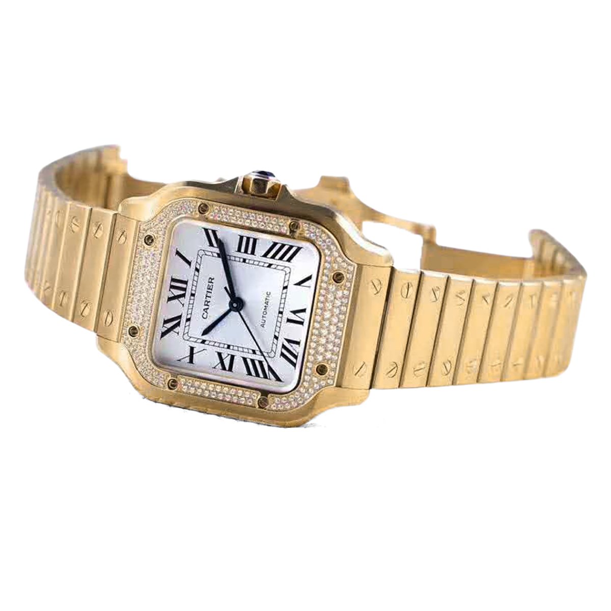 Santos de Ca*t1er White Dial with D1am0nd Bezel in Yellow Gold