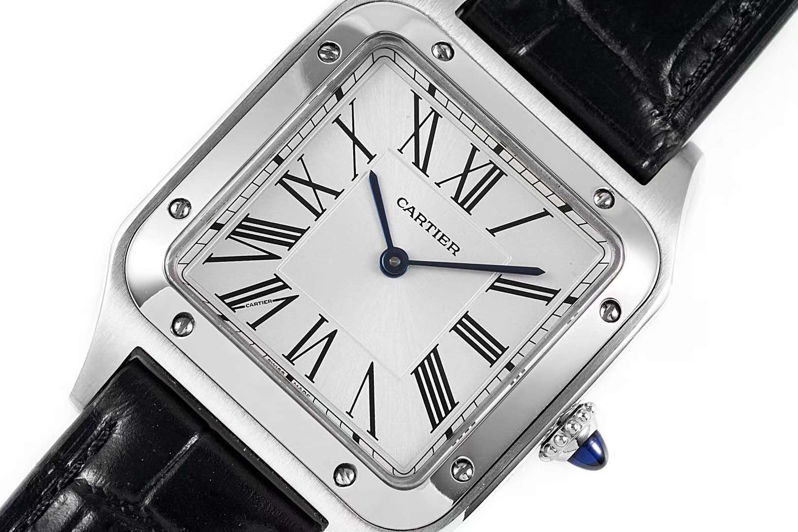 Santos-Dumont White Dial in Steel on Black Leather Strap