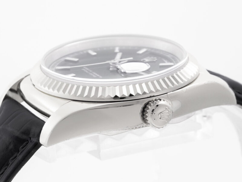 Day-Date 40 Black Dial in White Gold on Leather Strap