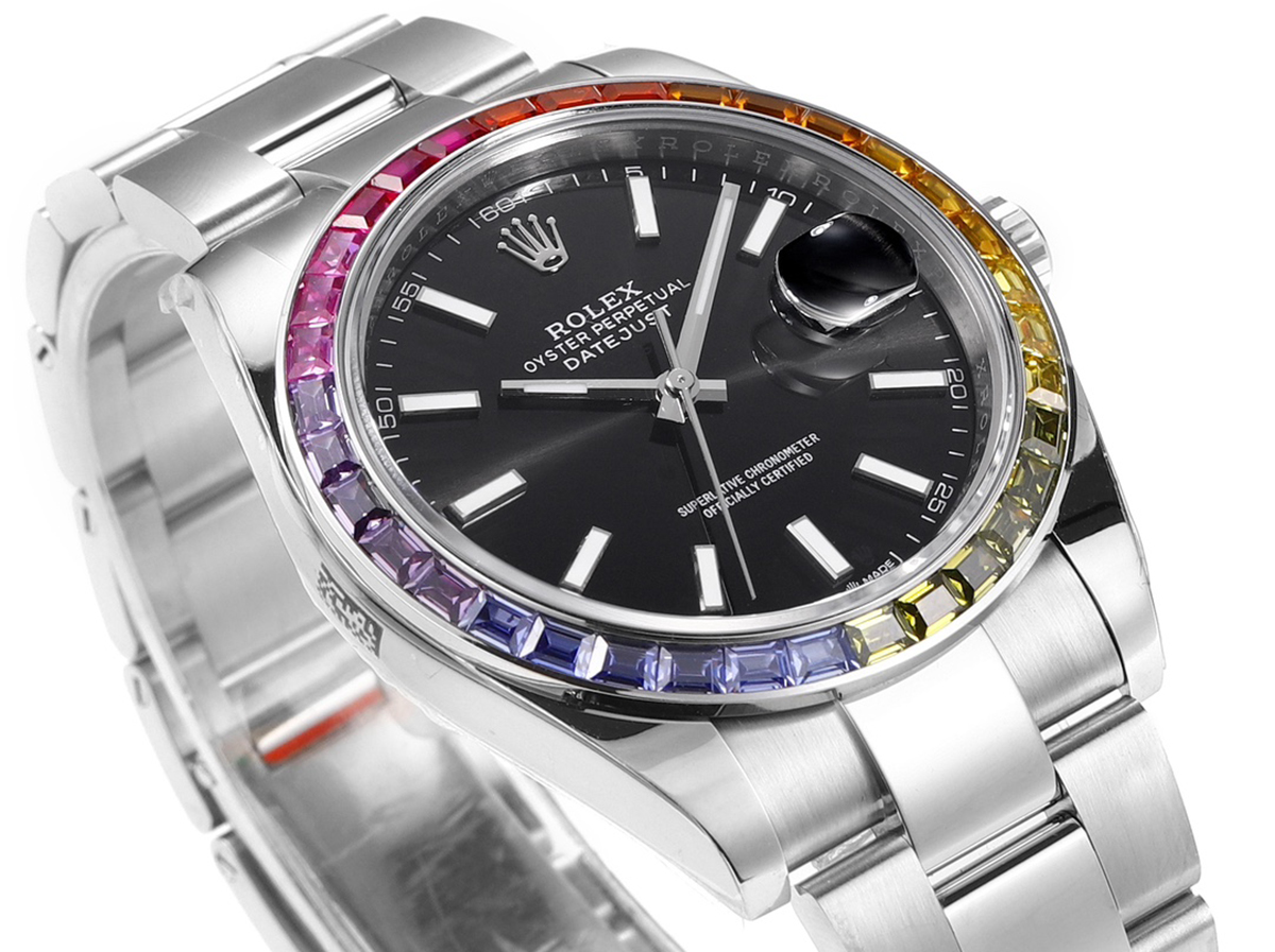 Datejust 41 Black Dial Stick Markers with Rainbow D1am0nd Bezel in Steel on Oyster Bracelet